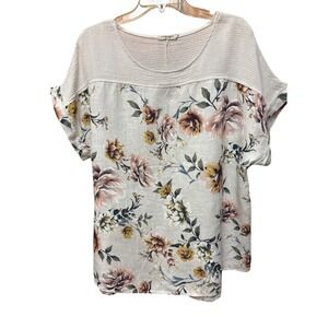 LUNGOL'ARNO Women 1X Floral Linen Top Boho Tropical Beachy Coastal Summer Office